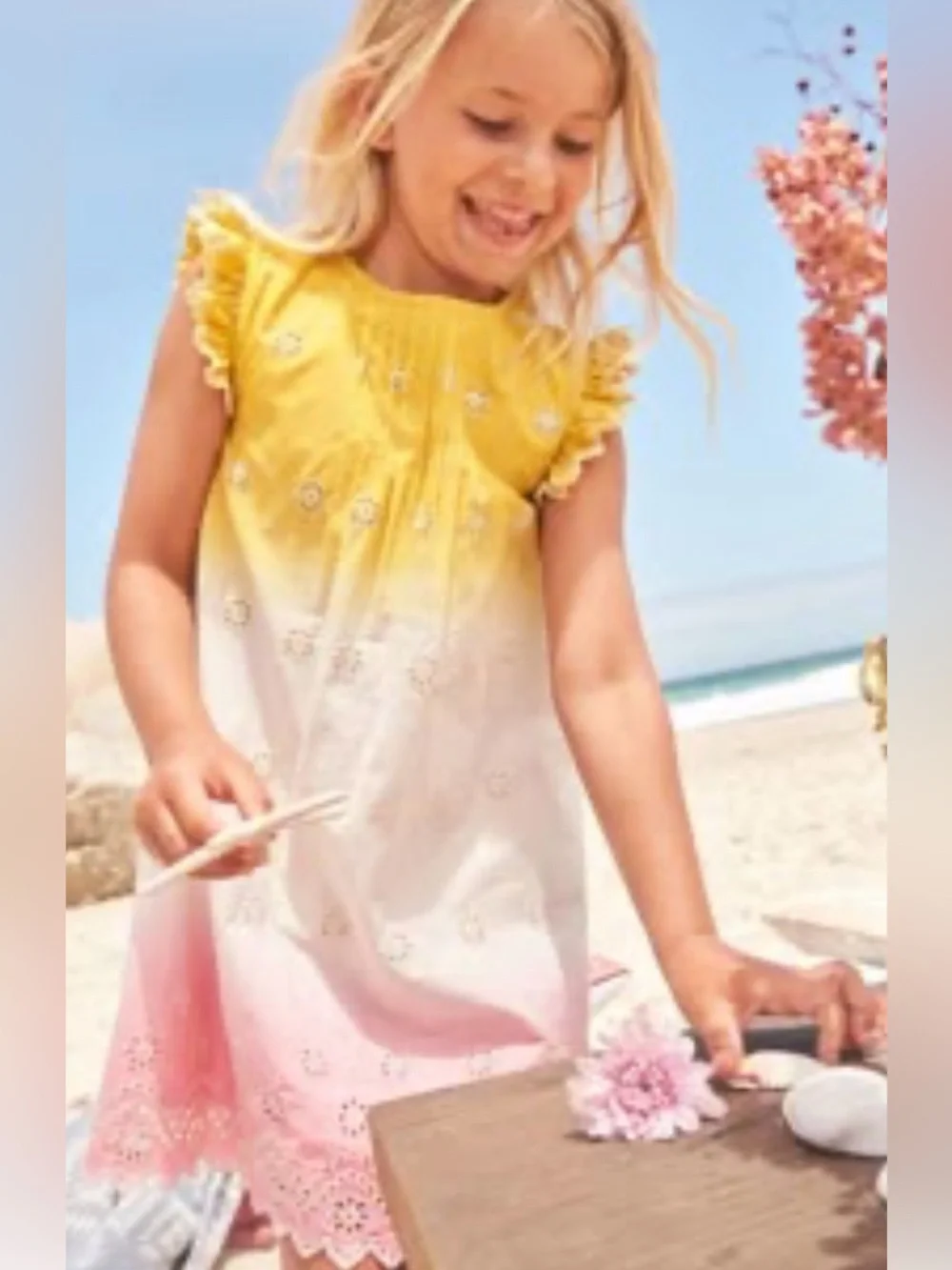 Mini Boden 6-7Y Broderie Lace Daffodil Yellow Pink Ombré Flutter Sleeve Dress